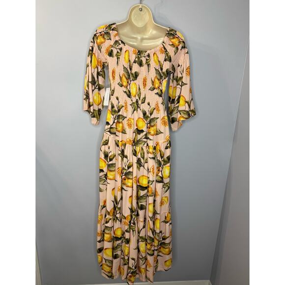 Alexia Admor Amabella Smocked Off-the-Shoulder Madi Dress Lemon Print M - Picture 3 of 14